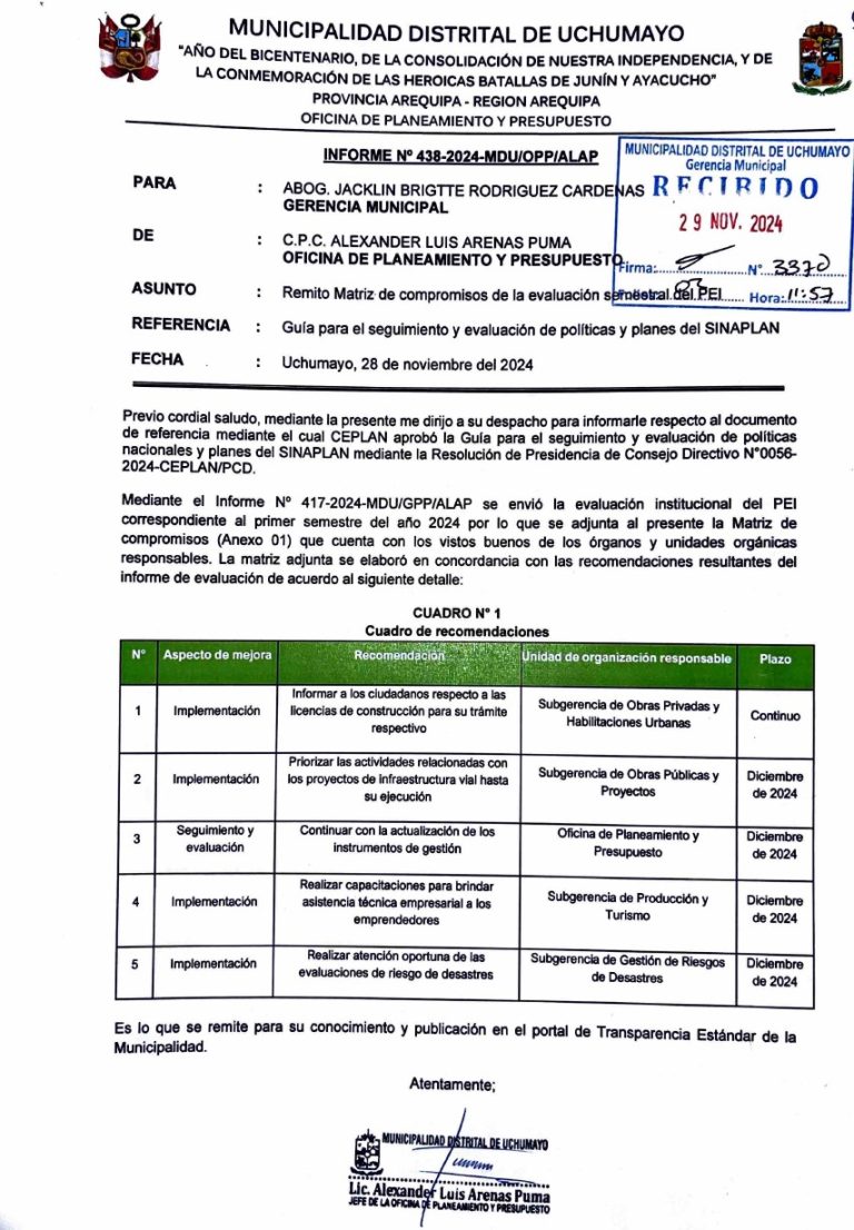 Matriz de compromisos de la evaluación SINAPLAN